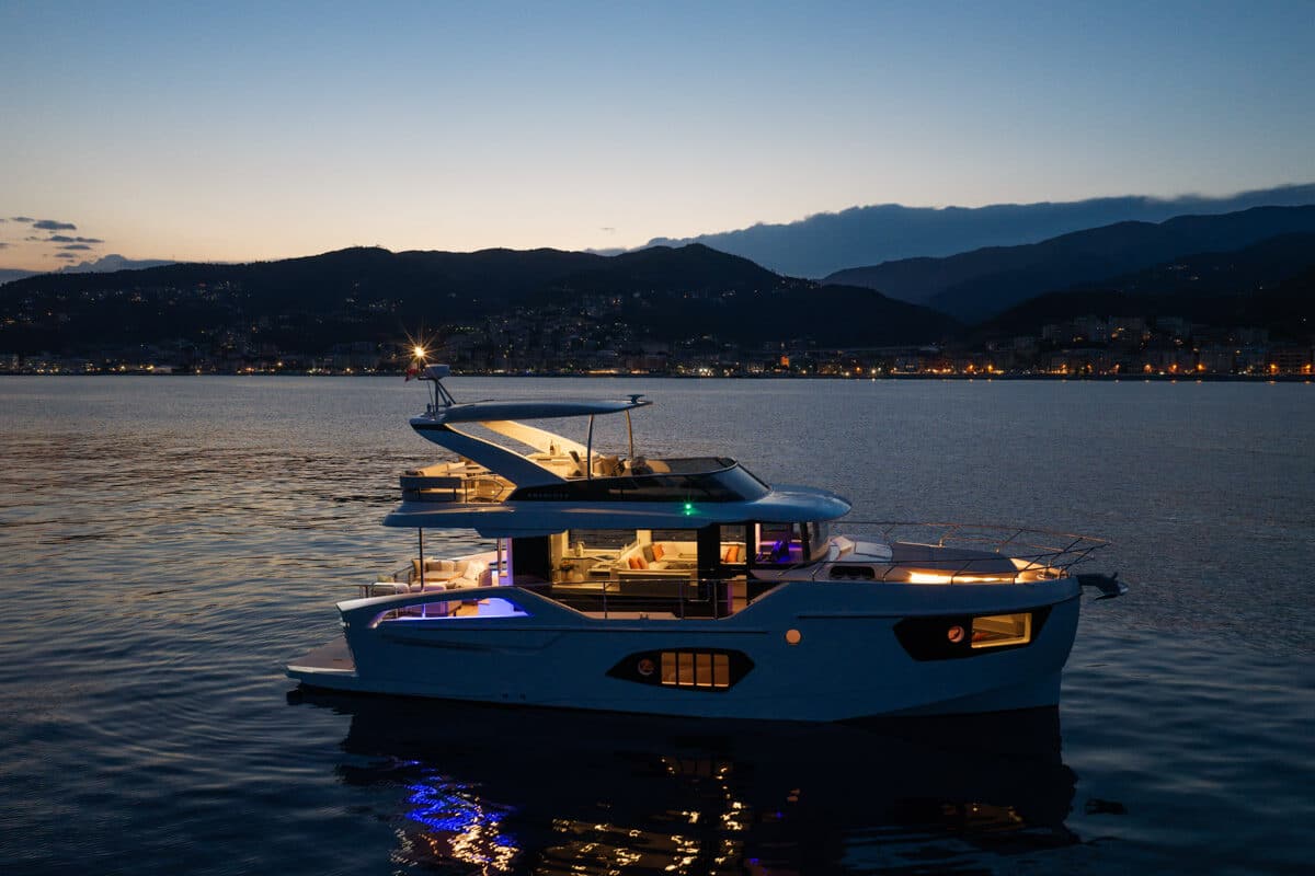 The Navetta 50 at anchor at dusk