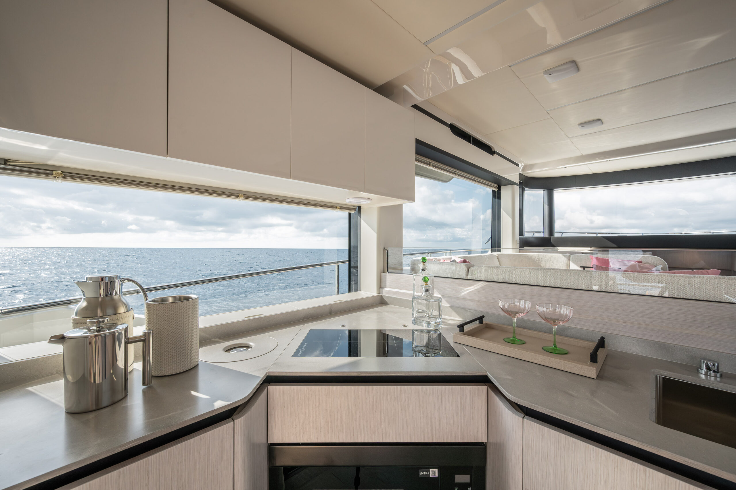 The galley, positioned aft to serve saloon and cockpit