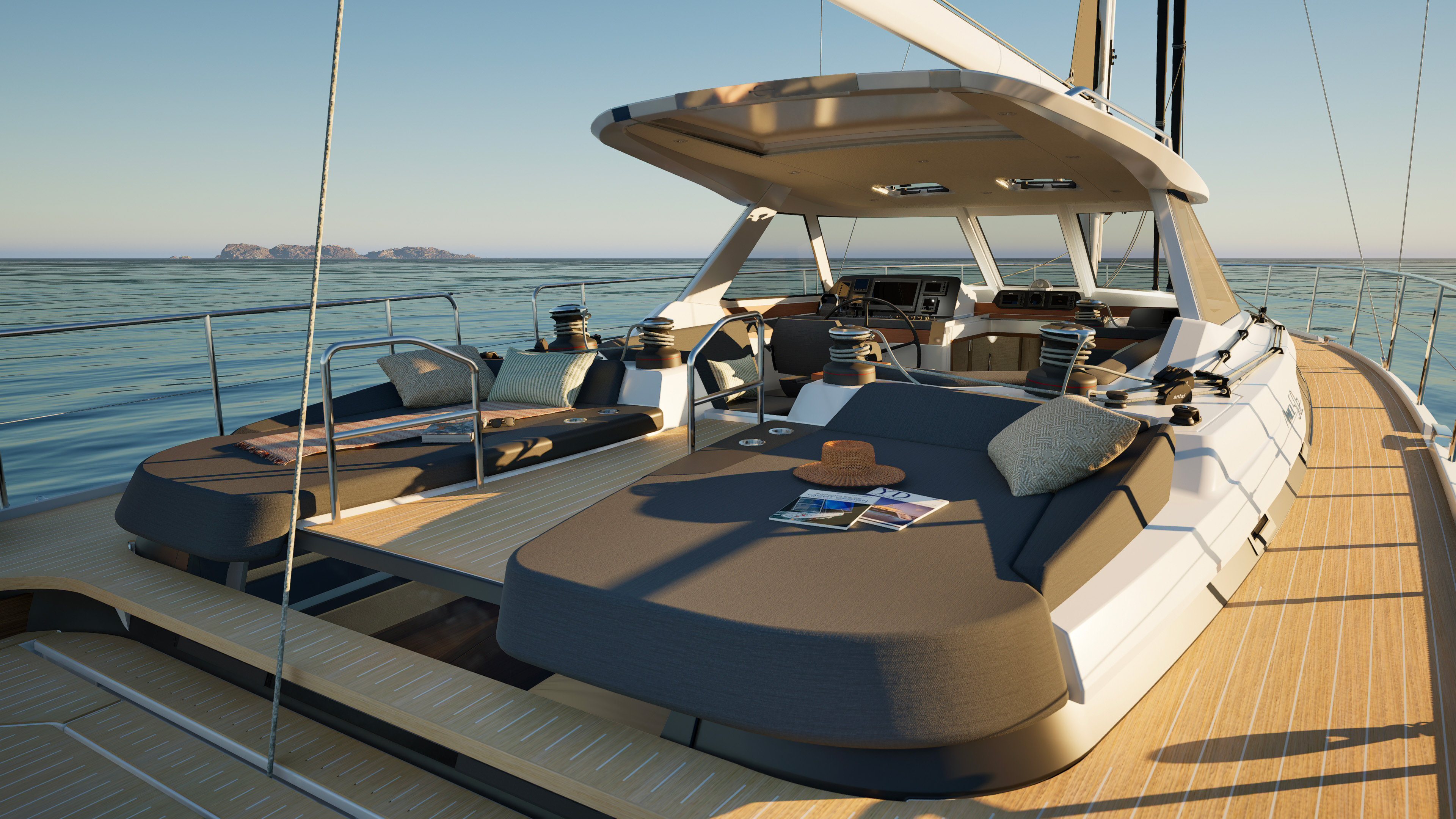 Sunbathing lounges and protected cockpit aboard the AMEL 50.2