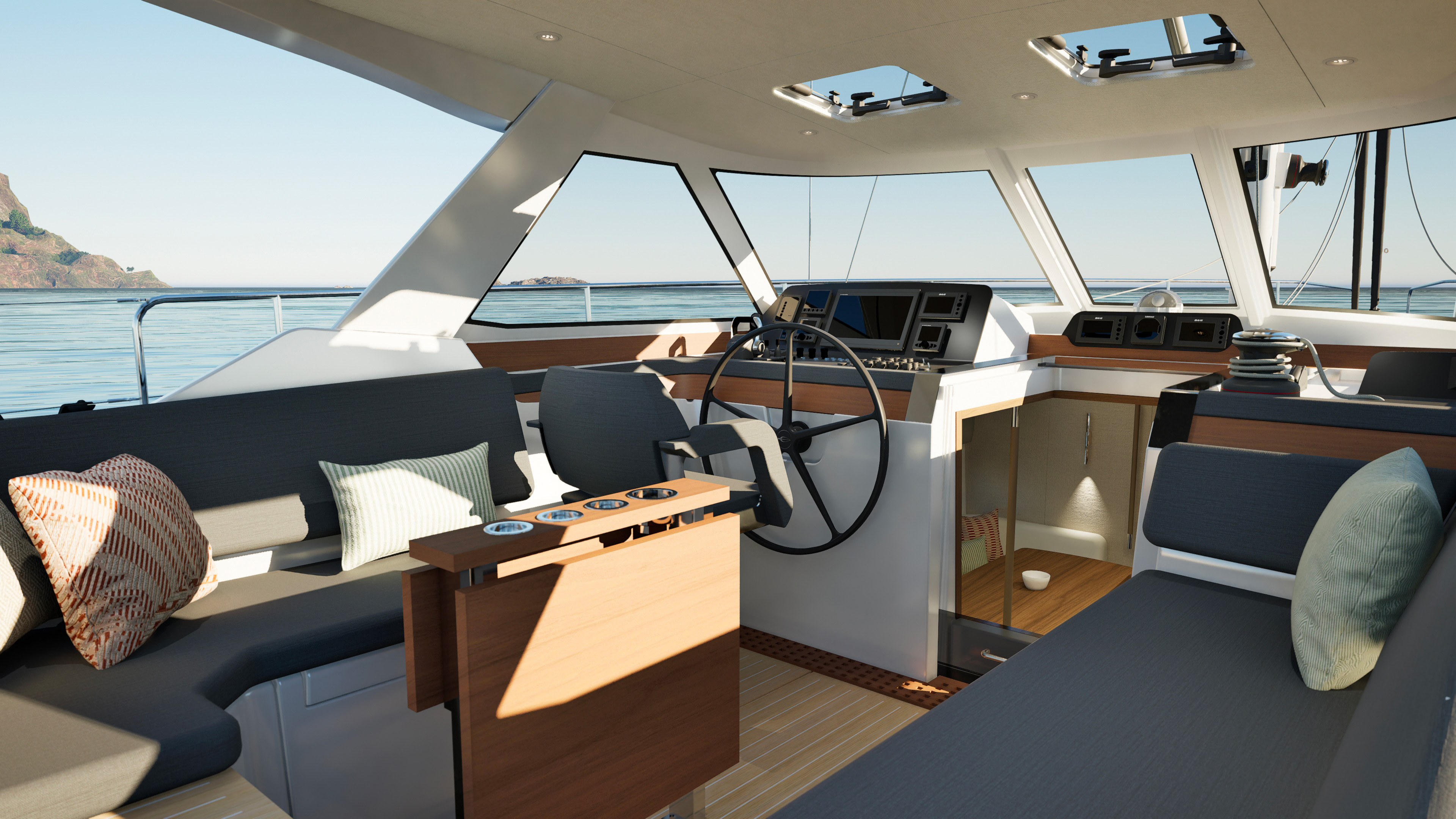 Protected central cockpit and helm aboard the AMEL 50.2
