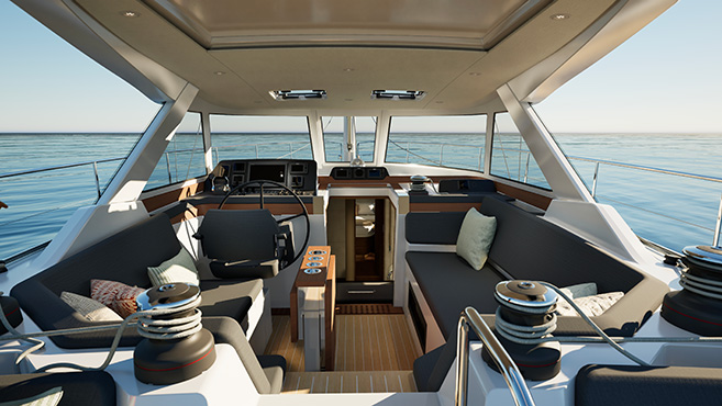 AMEL 50.2 protected cockpit viewed from aft, with helm, seating and winches