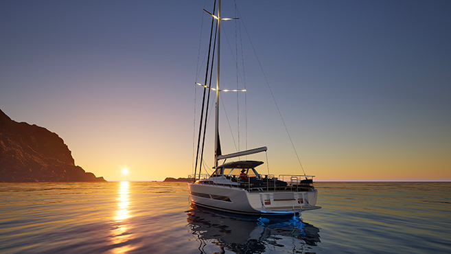 AMEL 50.2 sailing yacht at anchor at sunset
