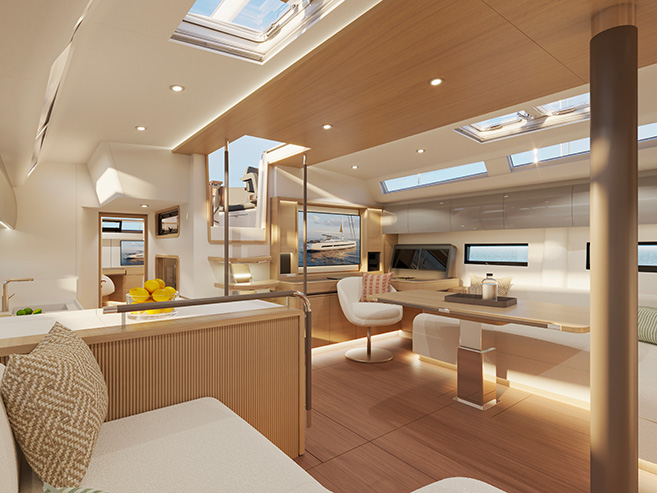 AMEL 50.2 saloon and dining area in light oak finish