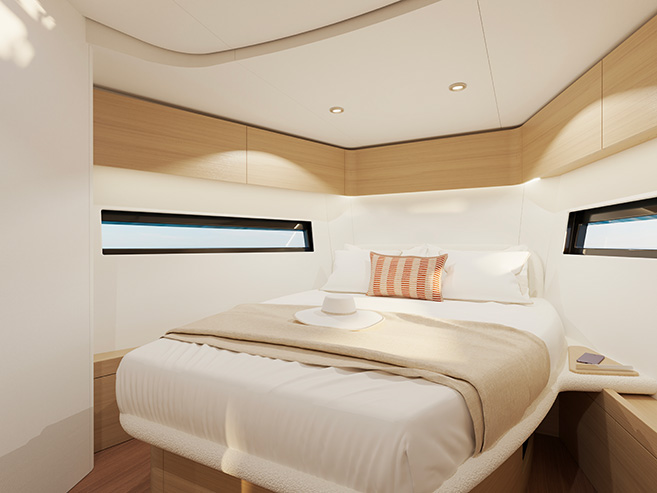 AMEL 50.2 forward VIP cabin in light oak finish