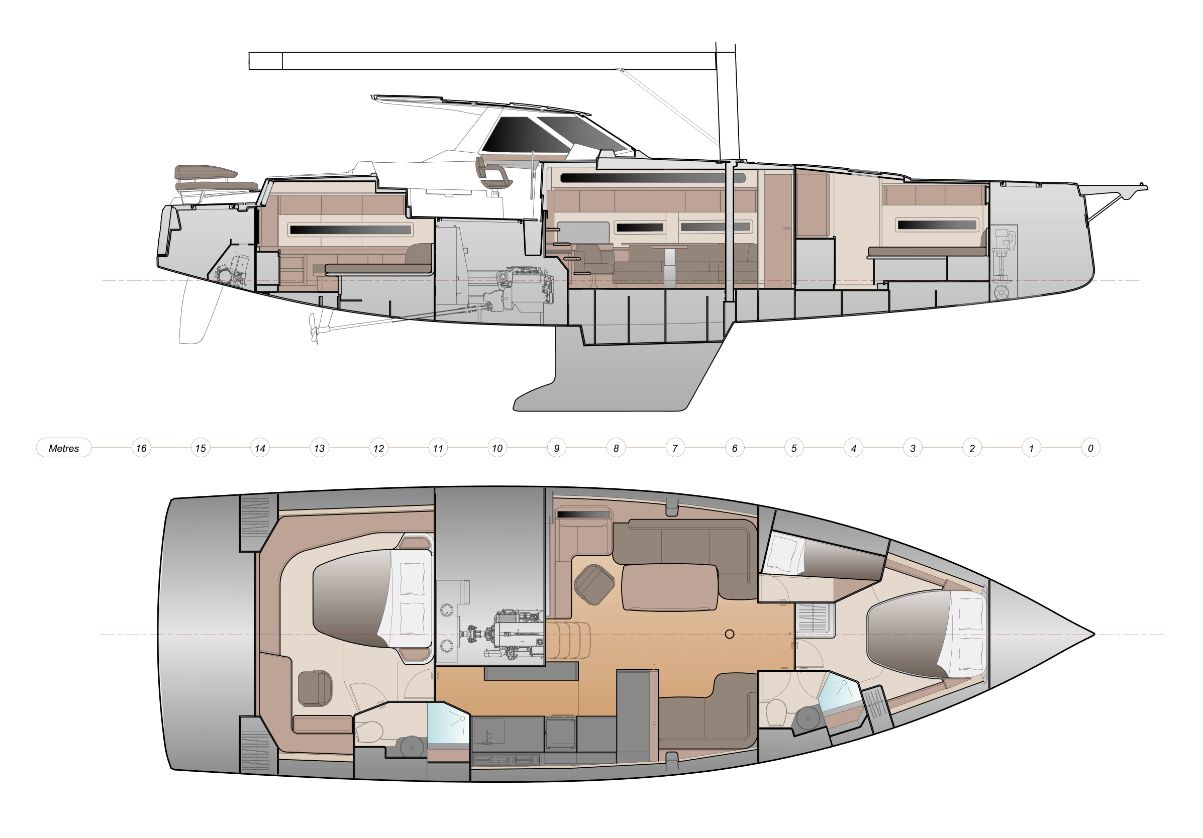 AMEL 50.2 side profile and accommodation plan
