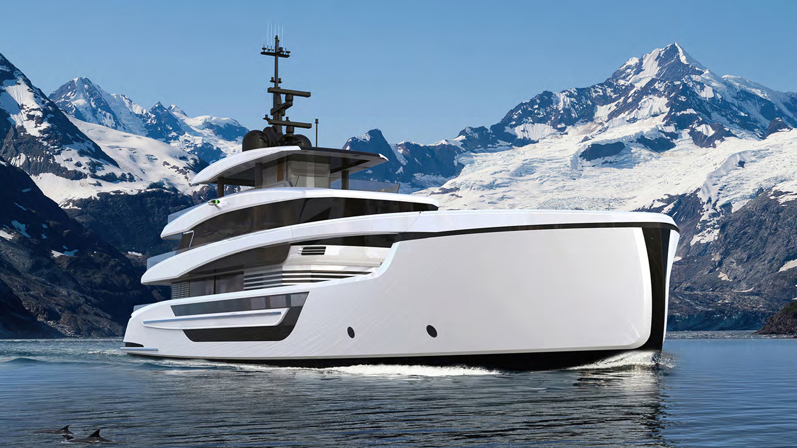 The Amer 42 Explorer at rest in front of snow-covered mountains