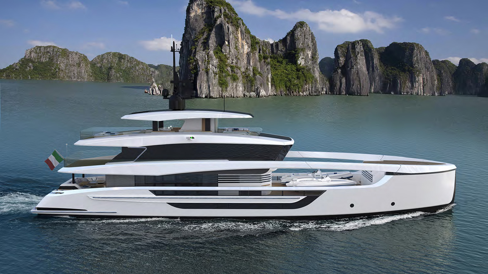 The Amer 42 Explorer in a sheltered bay ringed by limestone karst islands