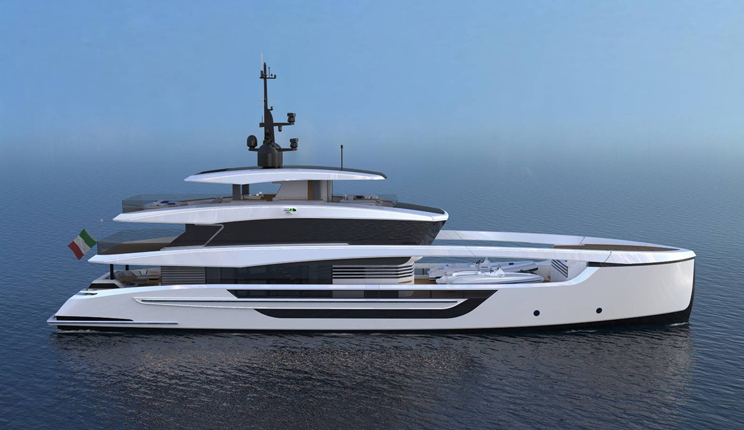 Side profile of the Amer 42 Explorer showing its high bow and long flybridge