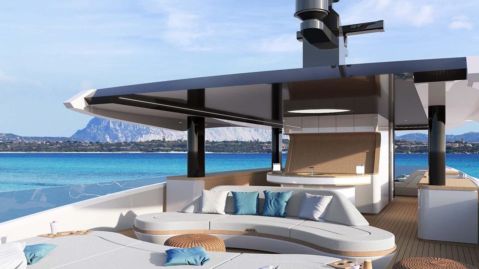 Flybridge seating and dining under a hard top, with the sea beyond