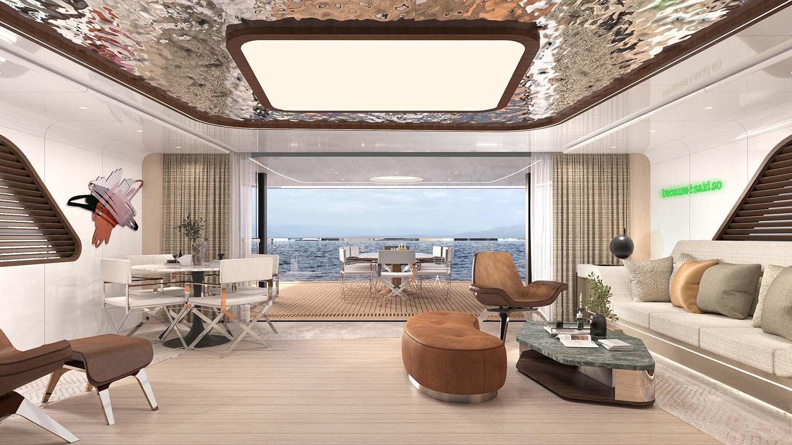 Skylounge with armchairs, low tables and full-height glazing