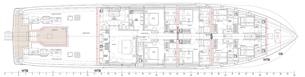 Lower deck general arrangement drawing of the Amer 42 Explorer