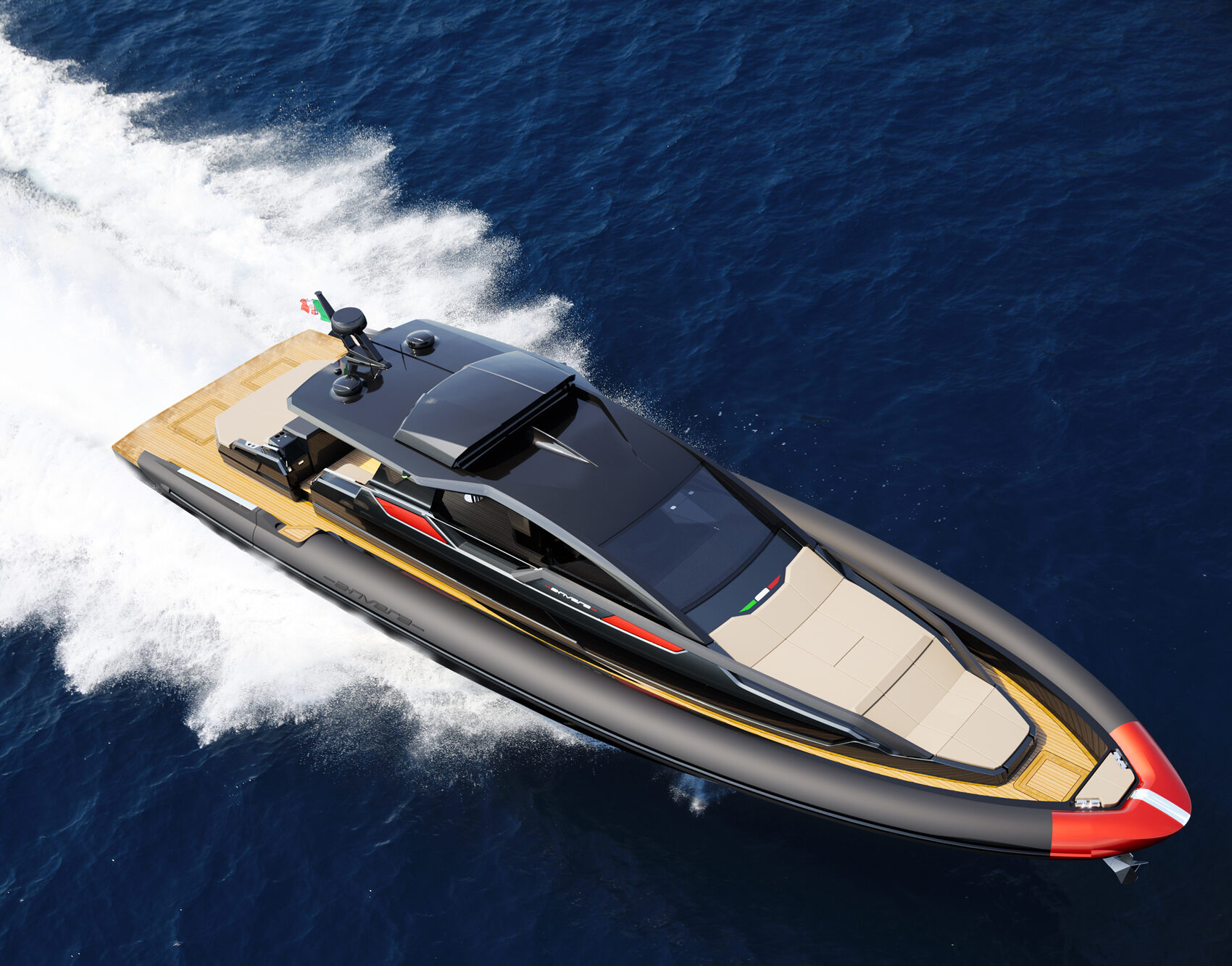 Aerial view of the Anvera 200 under way leaving a wake