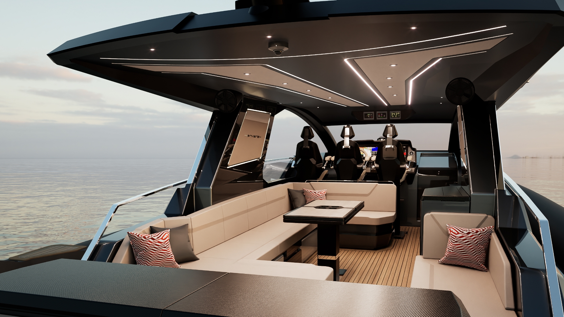Lounge and dining area under the T-Top with seating and a table