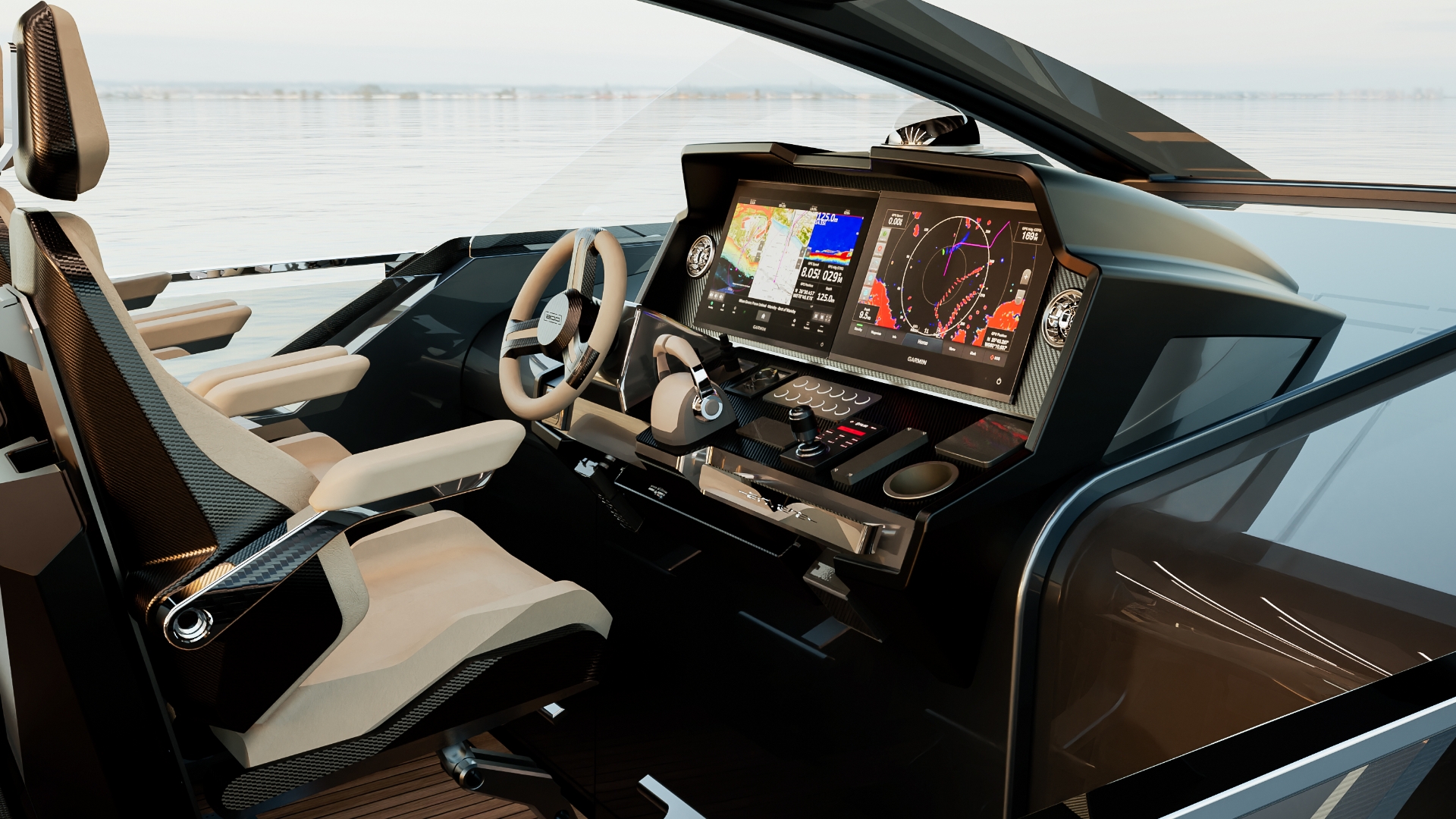Helm console with multifunction displays and a steering wheel