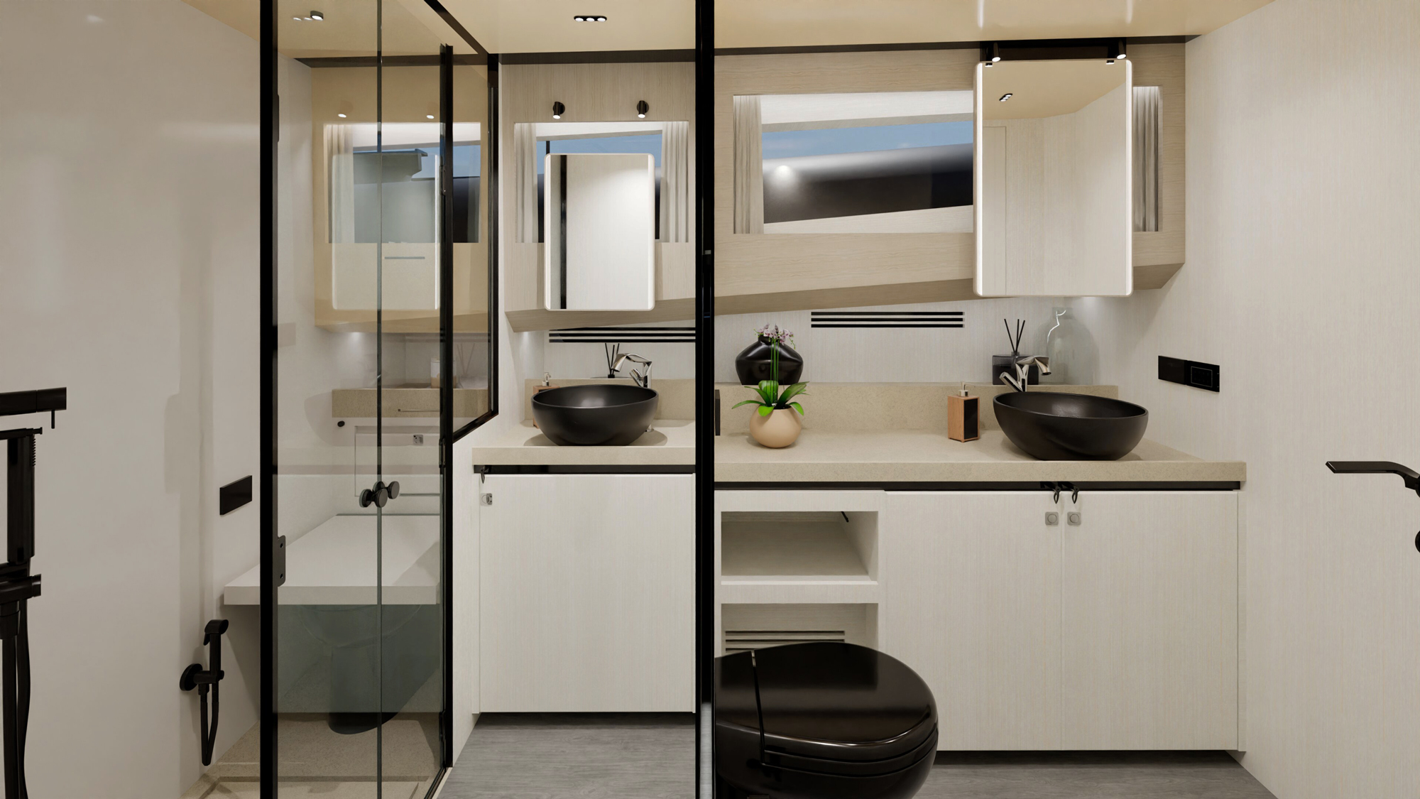 Bathroom with basin, mirror and glazed shower