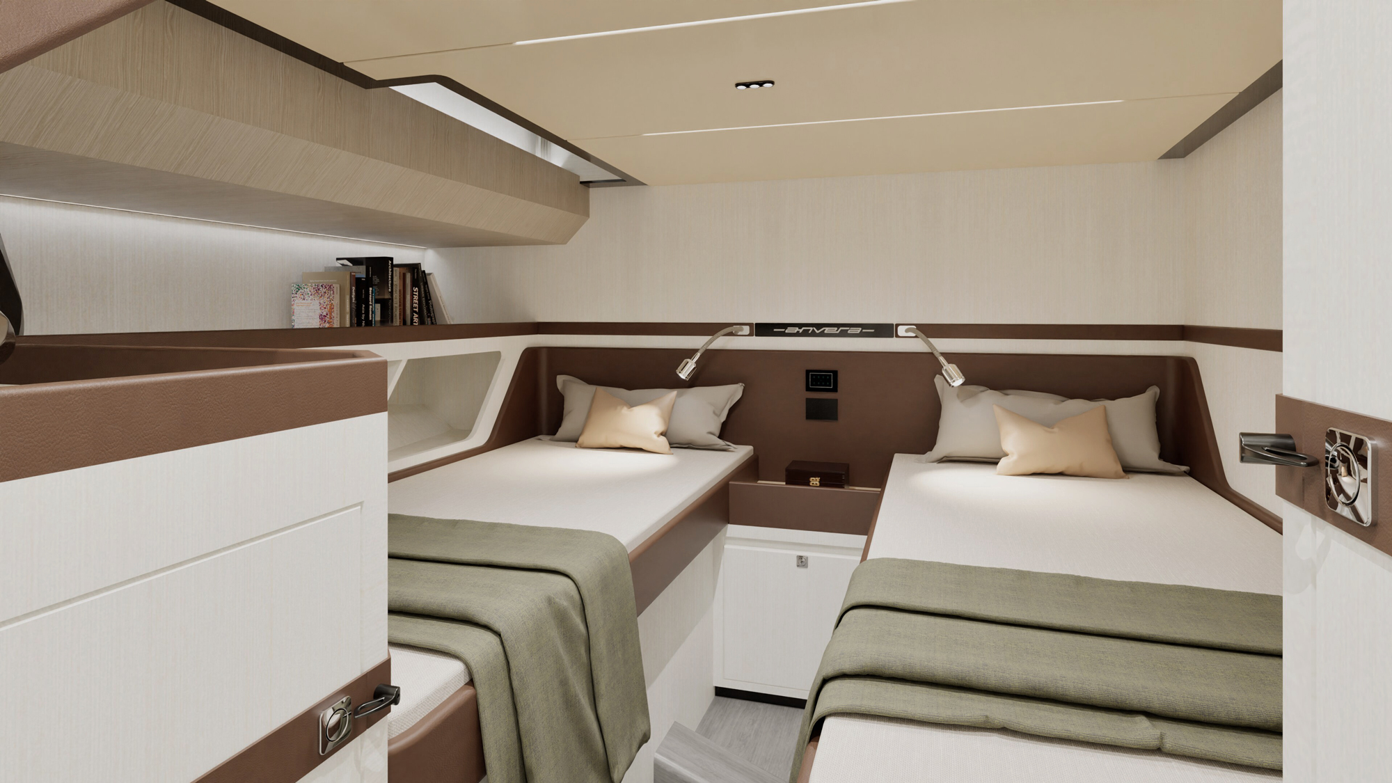 Twin-berth cabin with storage