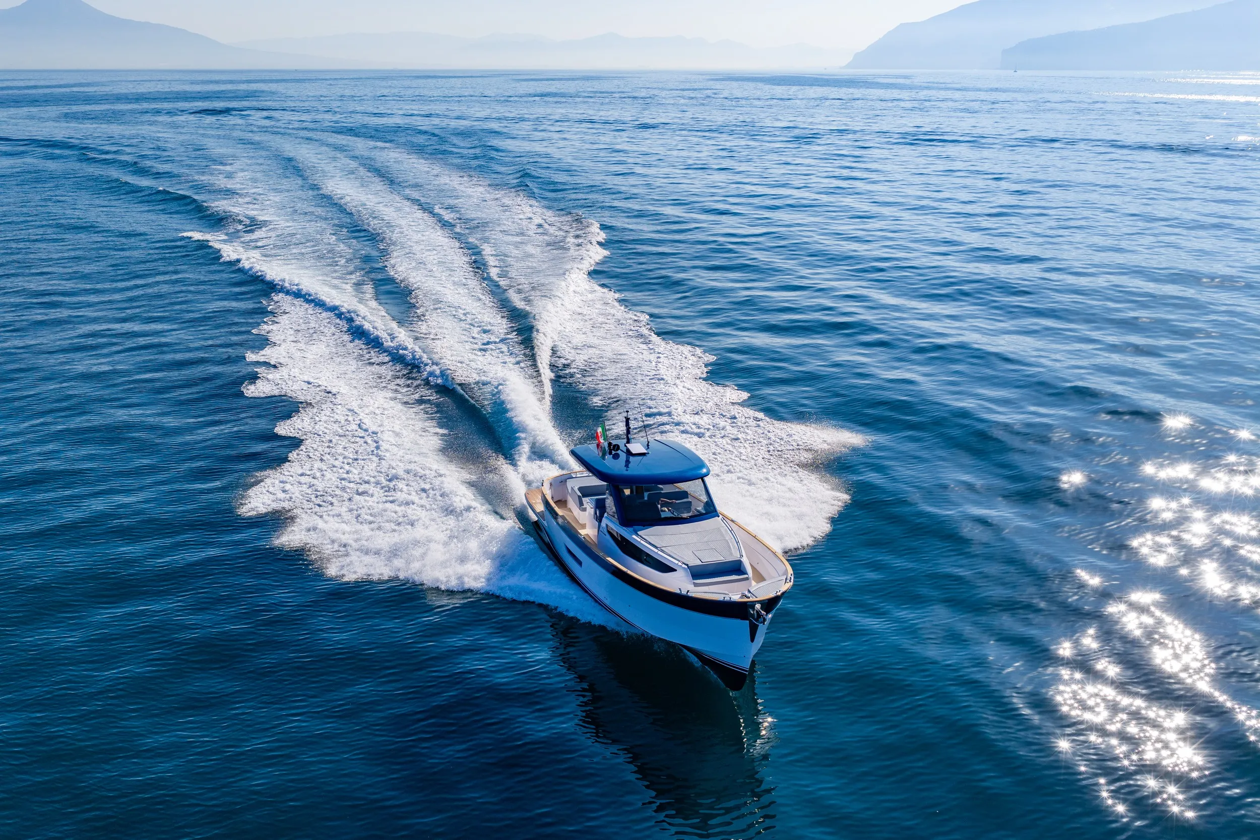 Aerial view of the Gozzo 42 under way leaving a wake