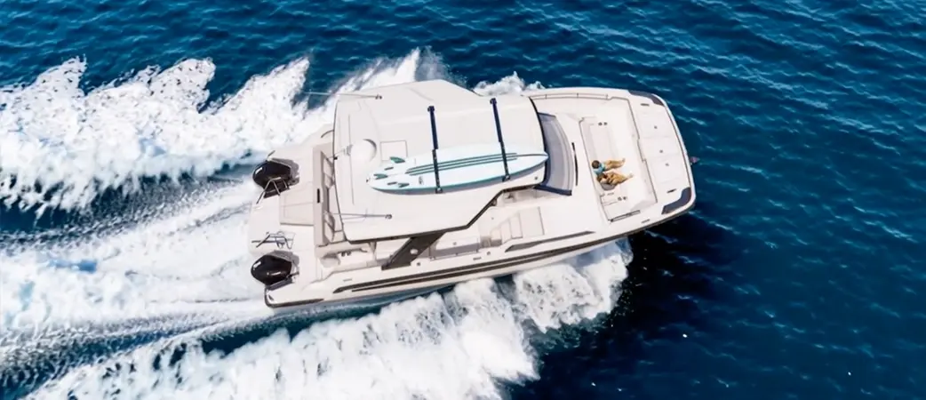 Overhead view of the 35 Sport under way leaving a wake