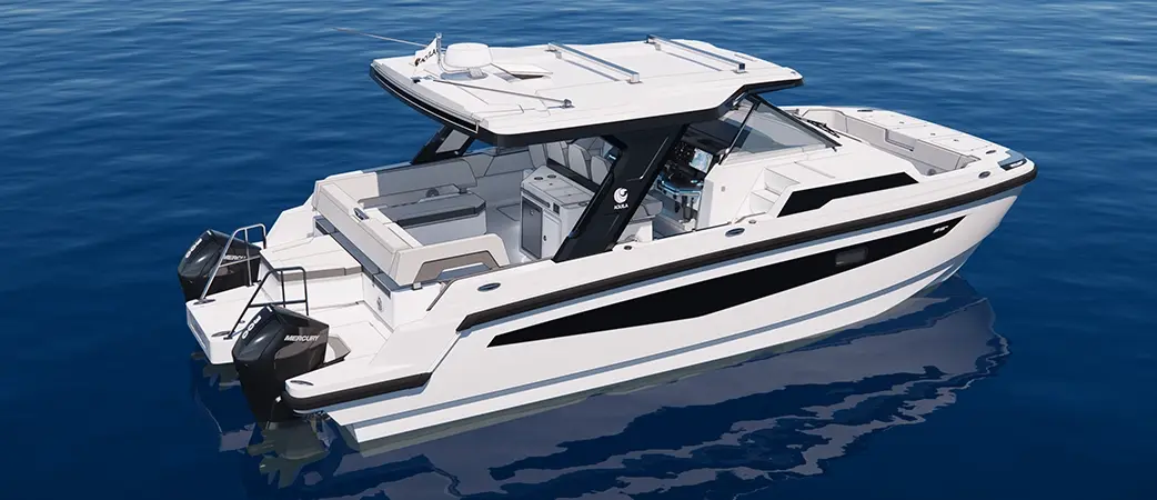 Side profile of the 35 Sport at rest on calm water