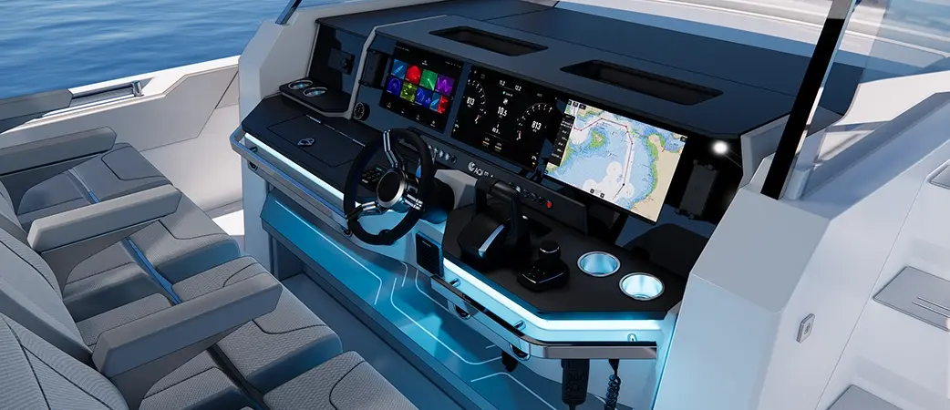 Helm dashboard with multifunction displays and wheel