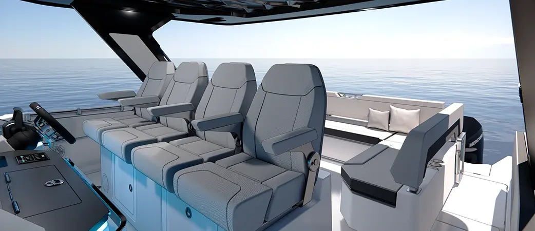 Four helm seats with bolsters seen from behind