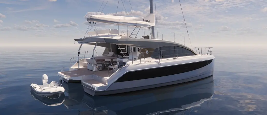 The 45 Sail seen from astern with a tender on the platform