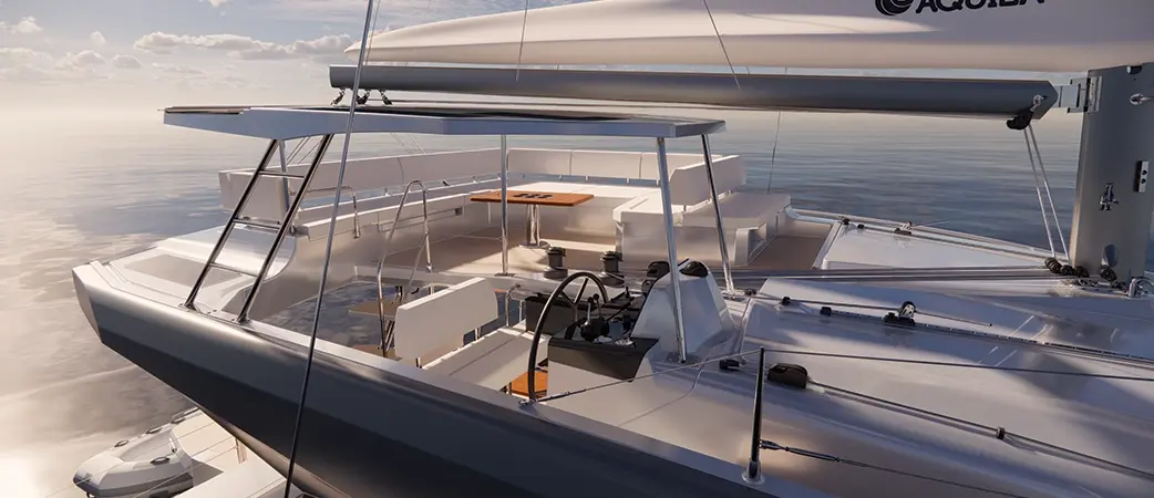 Flybridge with helm and seating looking forward over the deck