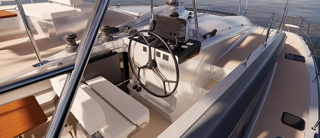 Helm station with wheel and instruments on the flybridge