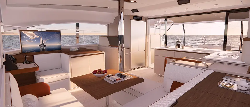 Salon seating and table with a view aft to the cockpit
