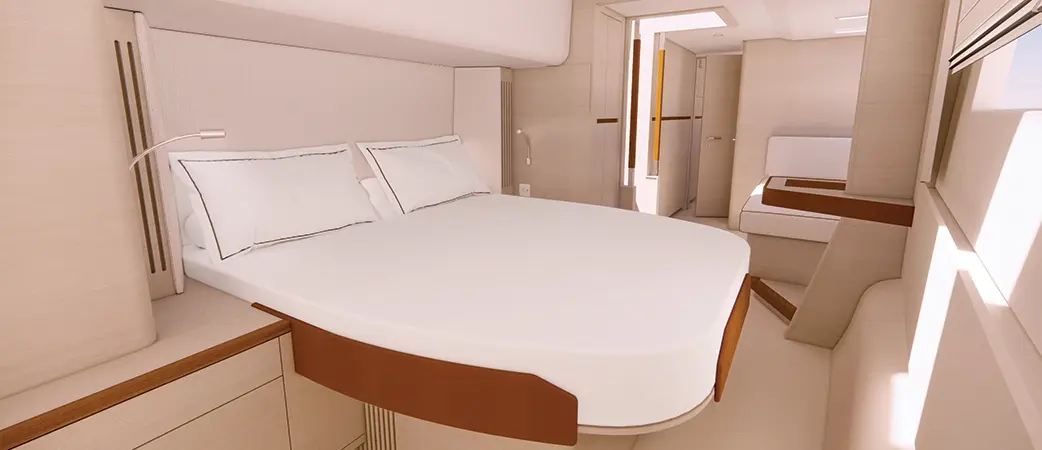 Guest cabin with double berth in a hull