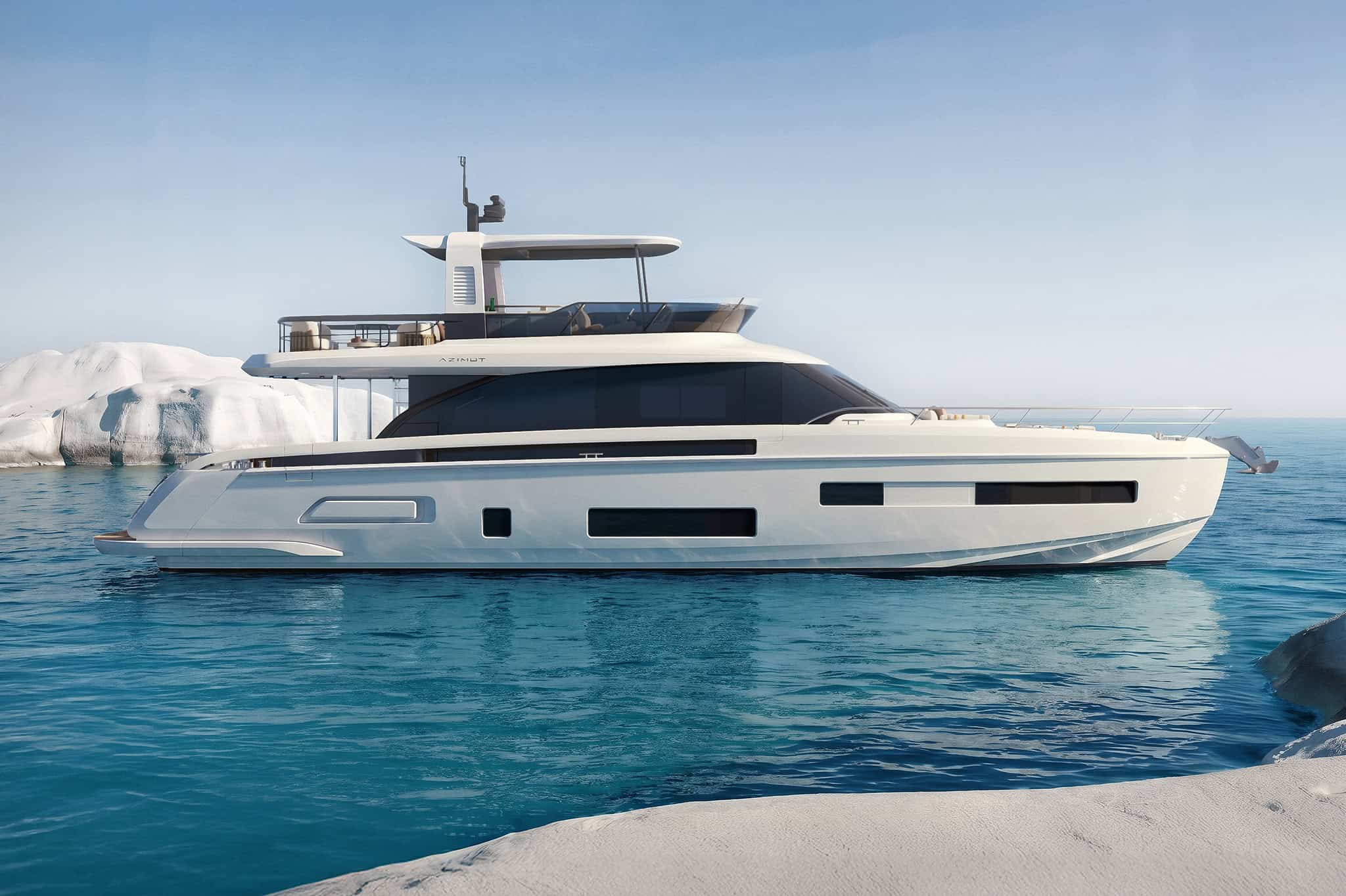 The Fly 70 lying still in pale turquoise water between white rock formations, seen exactly side on, with the flybridge hardtop above and the Azimut name on her side