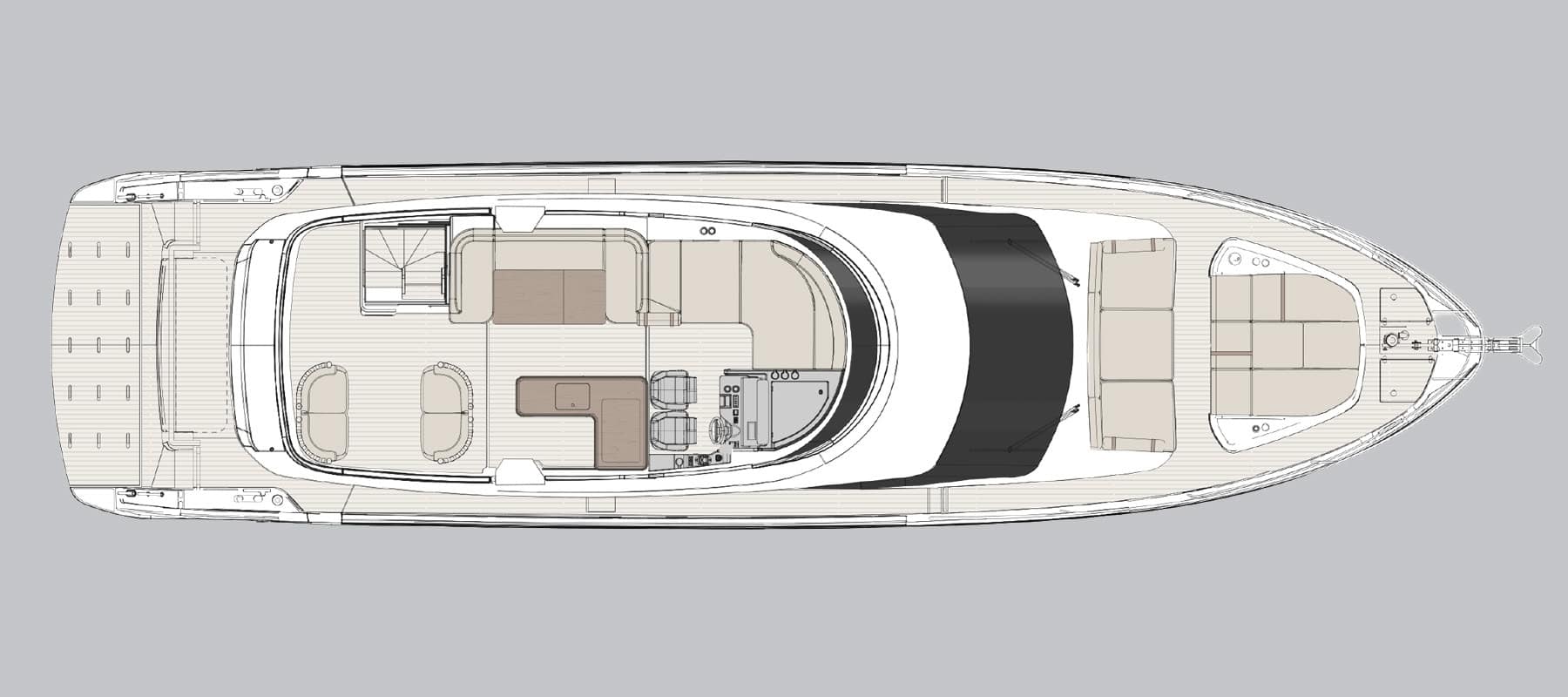 General arrangement drawing of the Fly 70 flybridge, seen from above: the upper helm to starboard with two seats, a dinette and sunpads aft, and a hardtop over the forward half