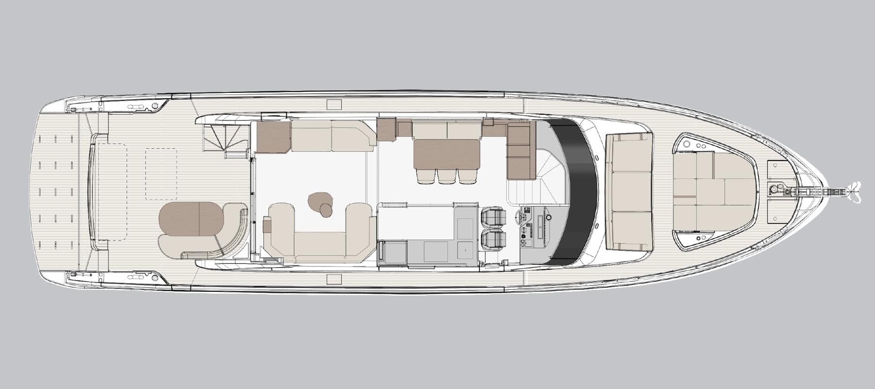 General arrangement drawing of the Fly 70 main deck in the Terrace Cockpit version, seen from above: the cockpit aft, saloon and dinette amidships, galley and lower helm forward, and a bow sunpad