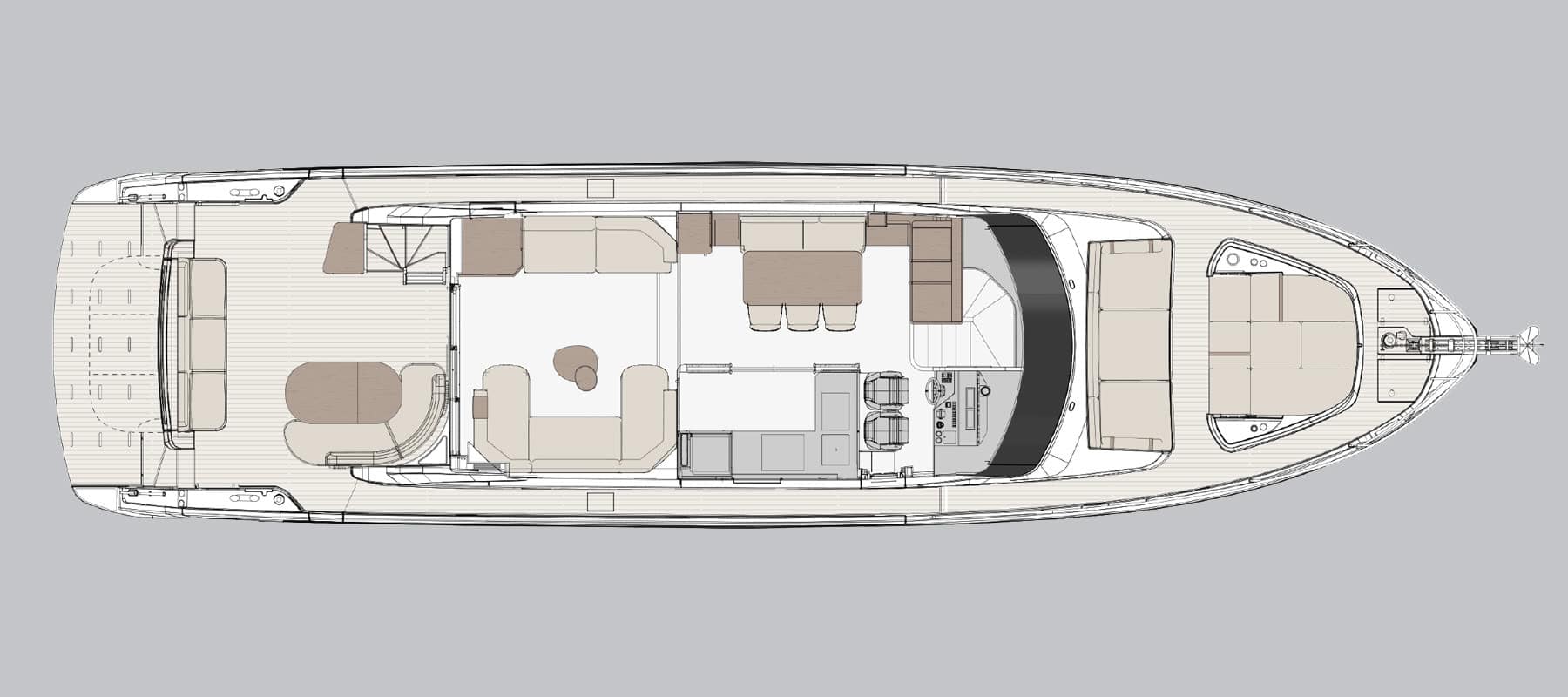 General arrangement drawing of the Fly 70 main deck in the Beach Cockpit version, seen from above: the same saloon, dinette and helm as the Terrace layout, with the aft cockpit arranged differently