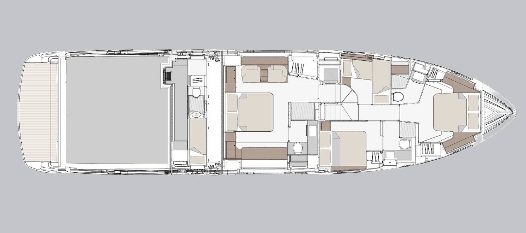 General arrangement drawing of the Fly 70 lower deck, seen from above: four guest cabins with their heads, the engine room aft, and crew quarters