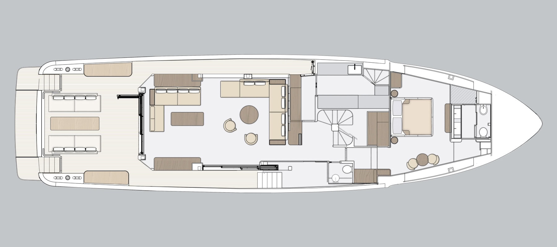 Azimut's main deck plan of the Magellano 27M in the Grand Living arrangement, with a large aft deck and sunpads, a saloon with an oval dining table for eight amidships, and a forward cabin with its own bathroom in the bow