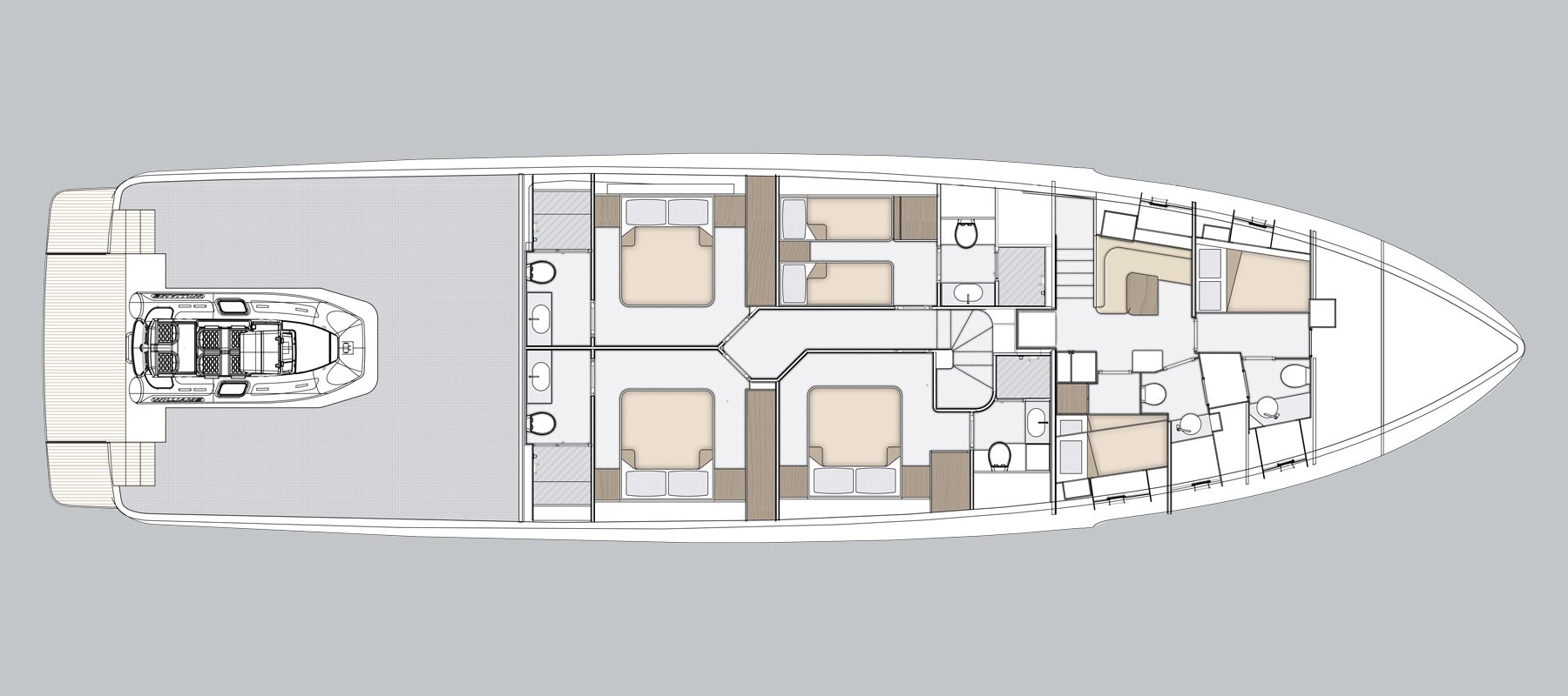 Azimut's lower deck plan of the Magellano 27M, showing the tender garage aft, four guest cabins amidships each with its own bathroom, and crew quarters forward