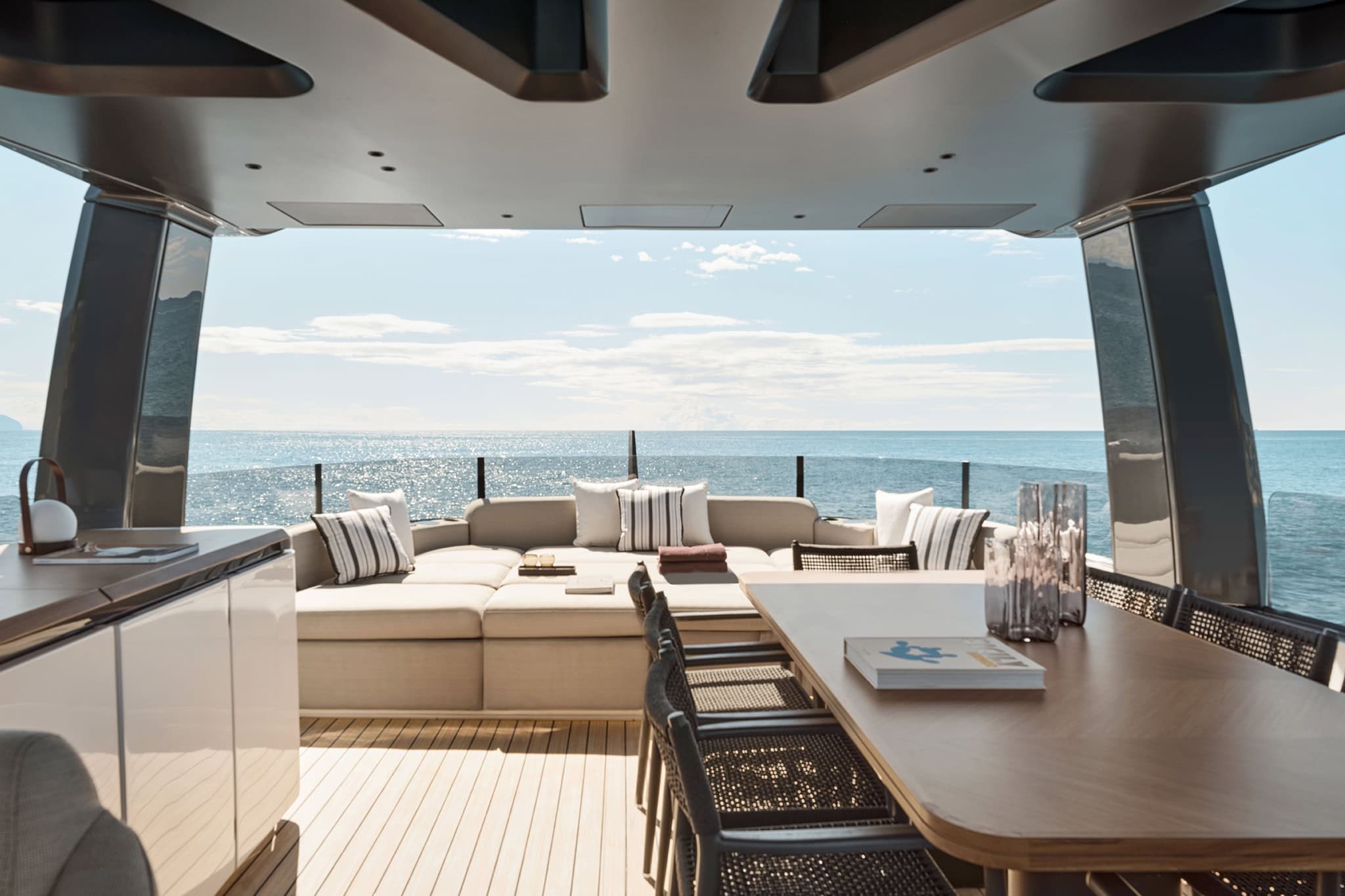 Flybridge seating and dining table under cover