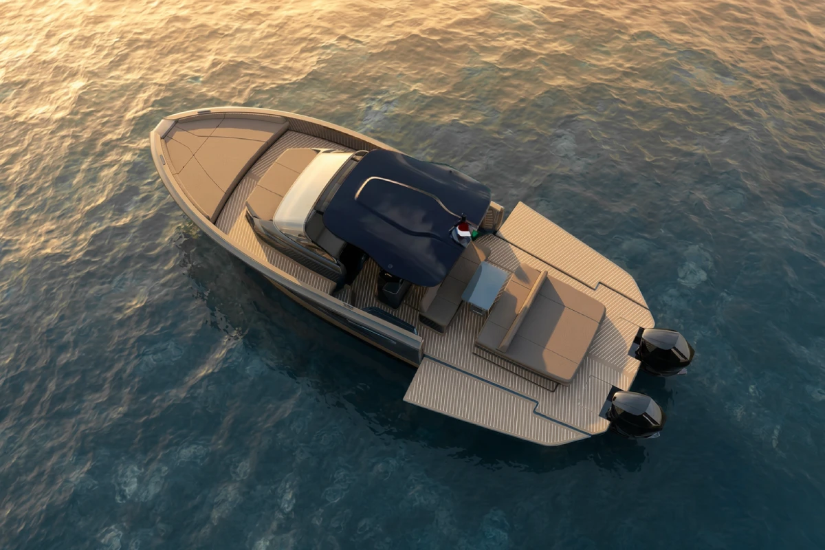 An overhead view of the Astor 38 Outboard at rest, the teak deck and T-top laid out below.