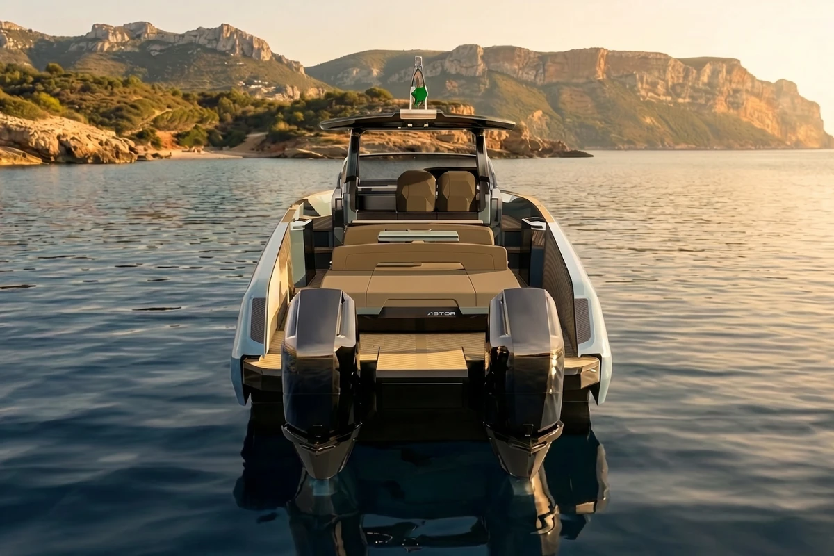 The Astor 38 Outboard seen stern-on, the twin outboards below the transom badge.