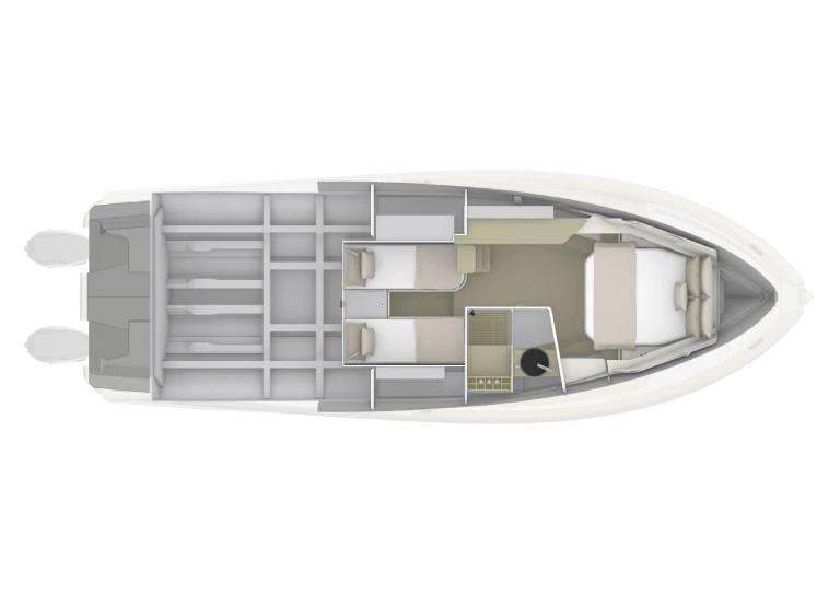Deck plan of the Astor 38 Outboard, seen from above.
