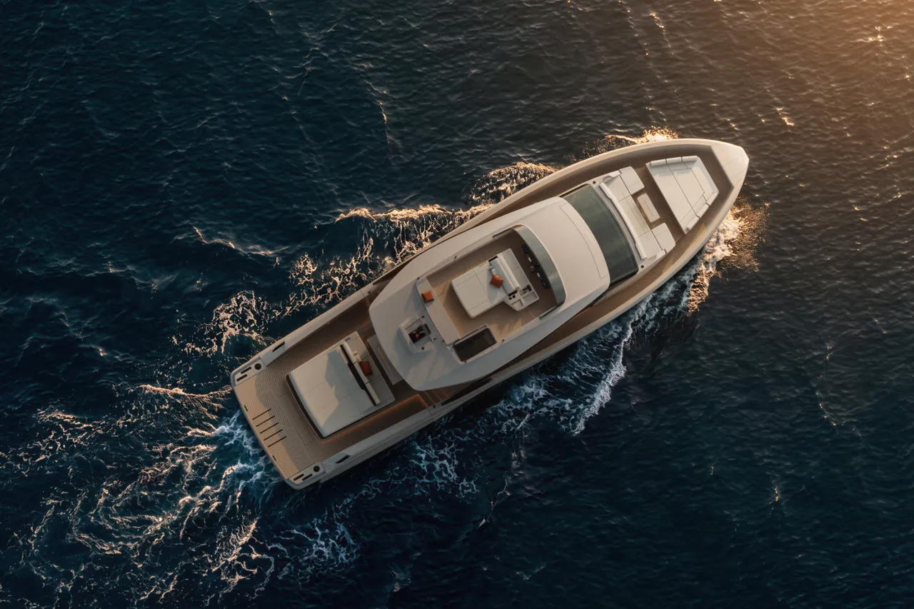 An overhead view of the Astor 68 under way, the hardtop and foredeck laid out below.