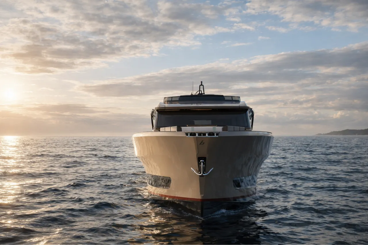 The Astor 68 bow-on at sunset, the anchor set into the stem.