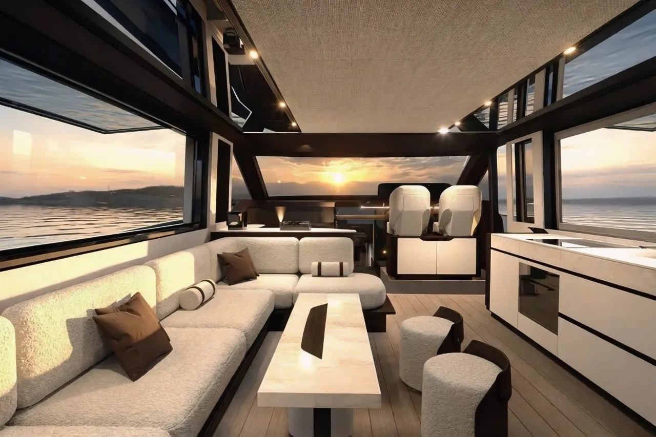The saloon at sunset, an L-shaped sofa and dining table forward of the galley and helm seats.