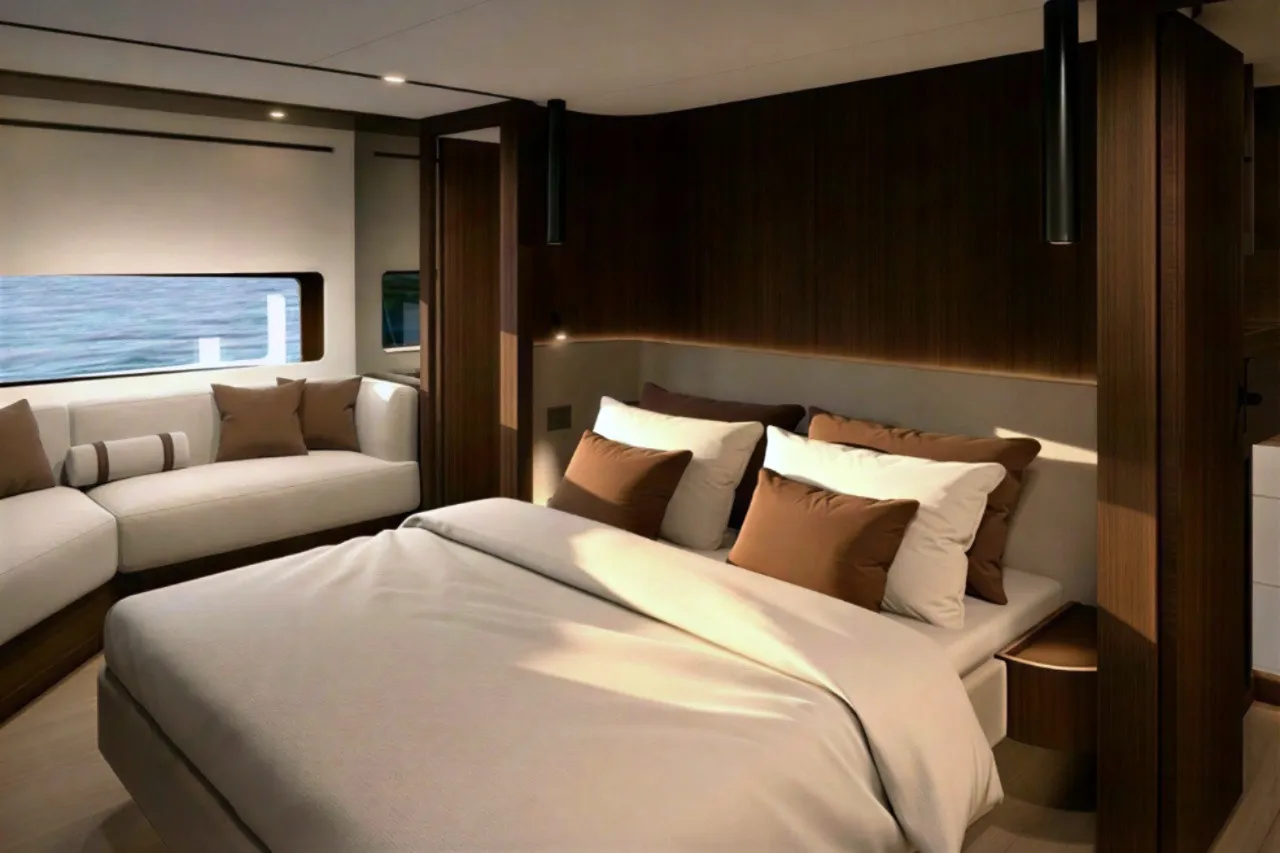 The owner's cabin, with a double berth, a sofa beneath the hull window and dark timber joinery.