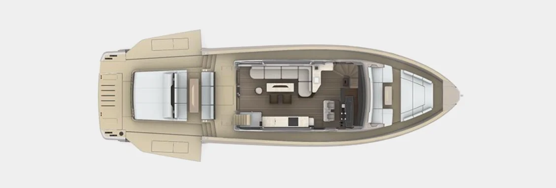 Main deck plan, from the aft terraces forward through the saloon and galley.