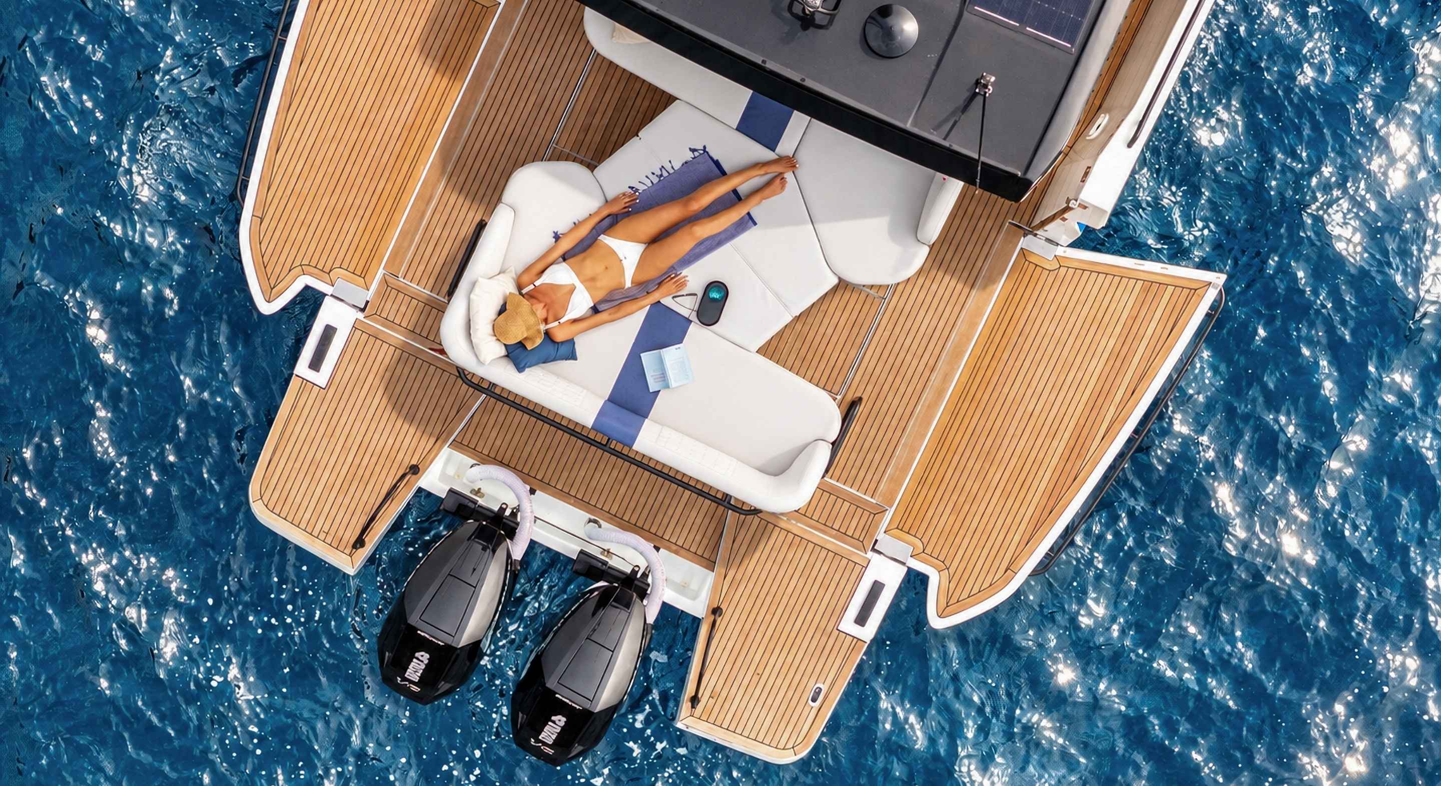 Overhead view of the boat at rest showing the cockpit and bathing platform