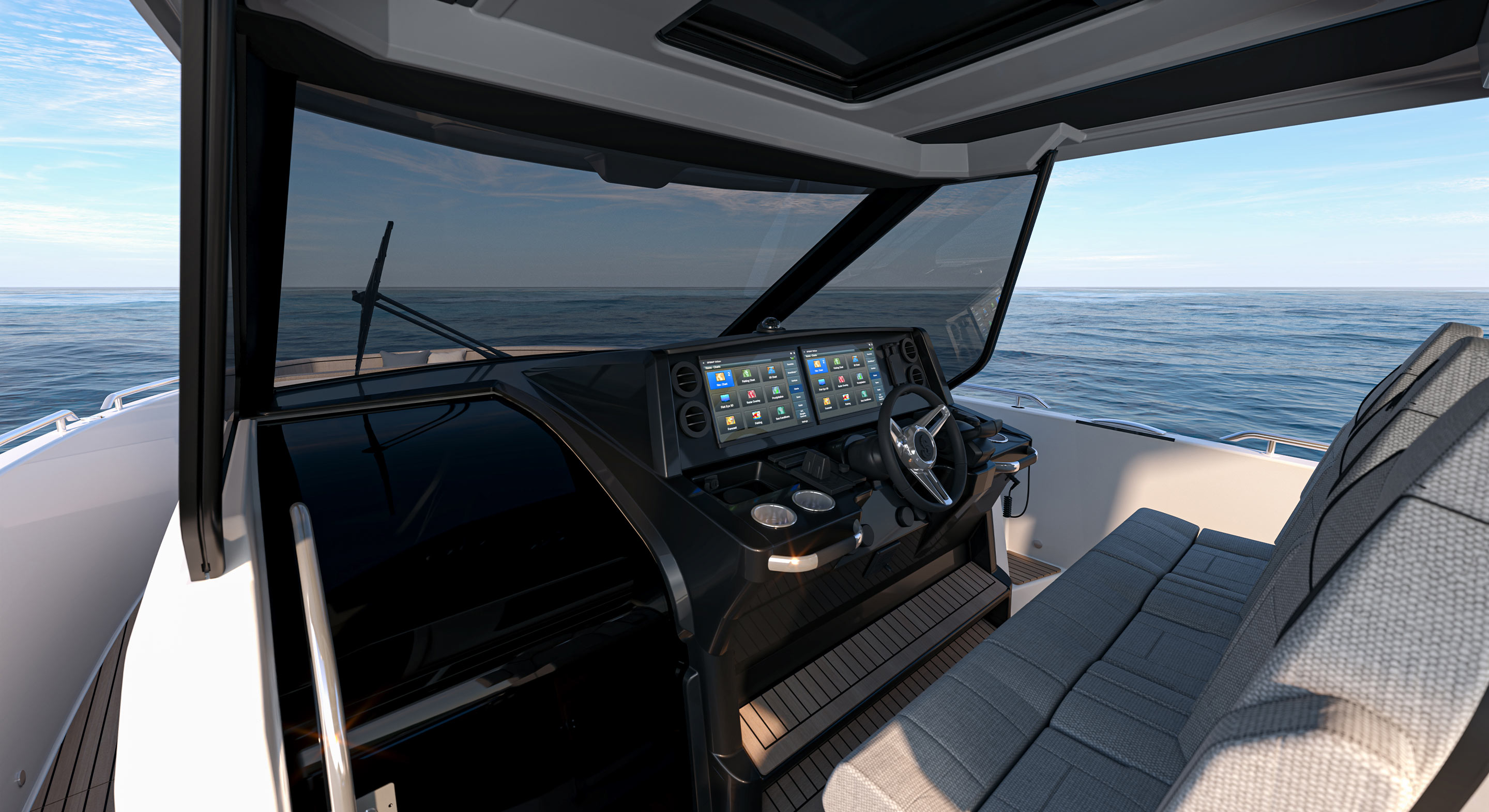 The helm and windscreen seen from the cockpit