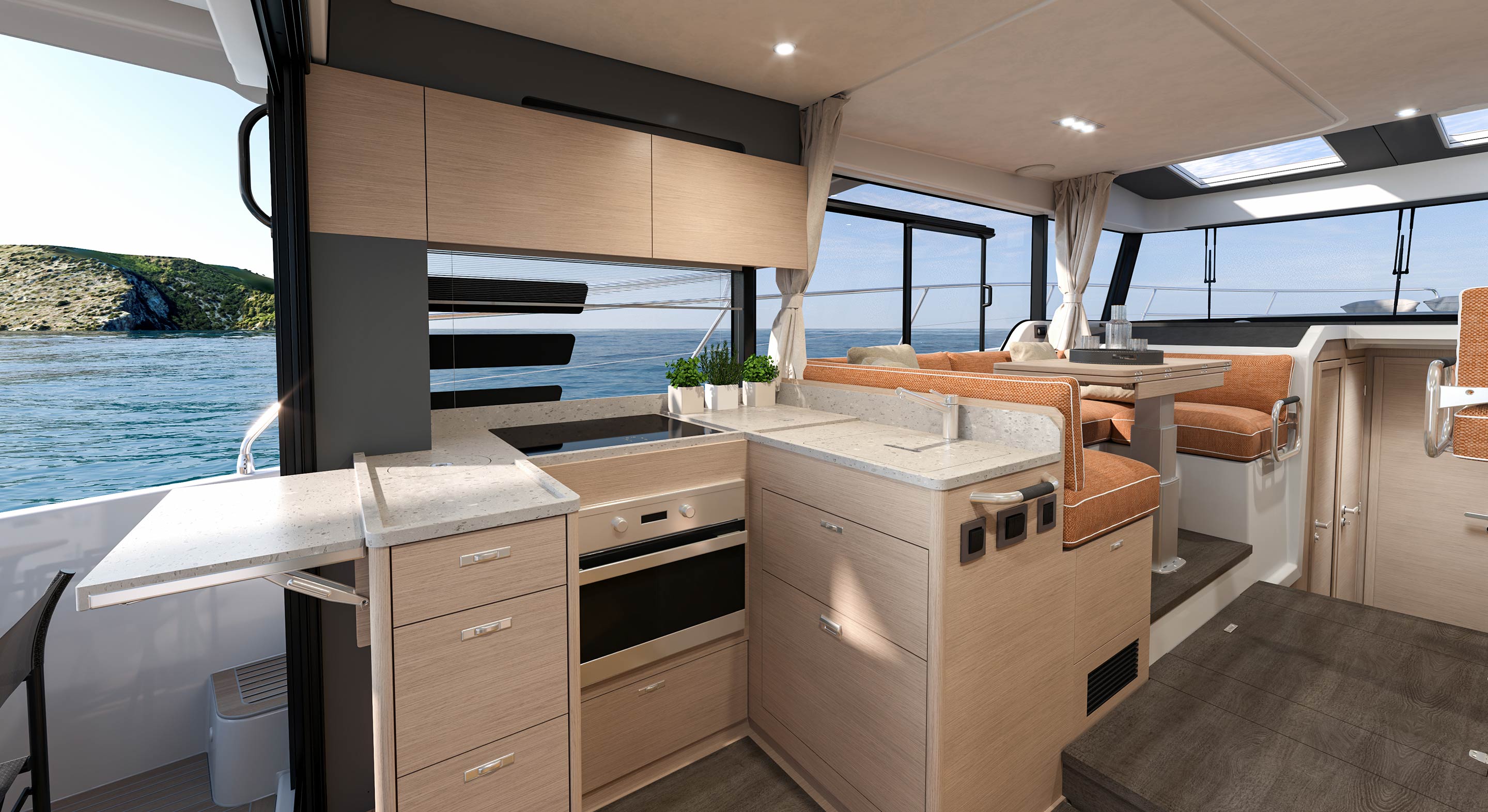 The galley with its Corian countertop, looking aft towards the cockpit