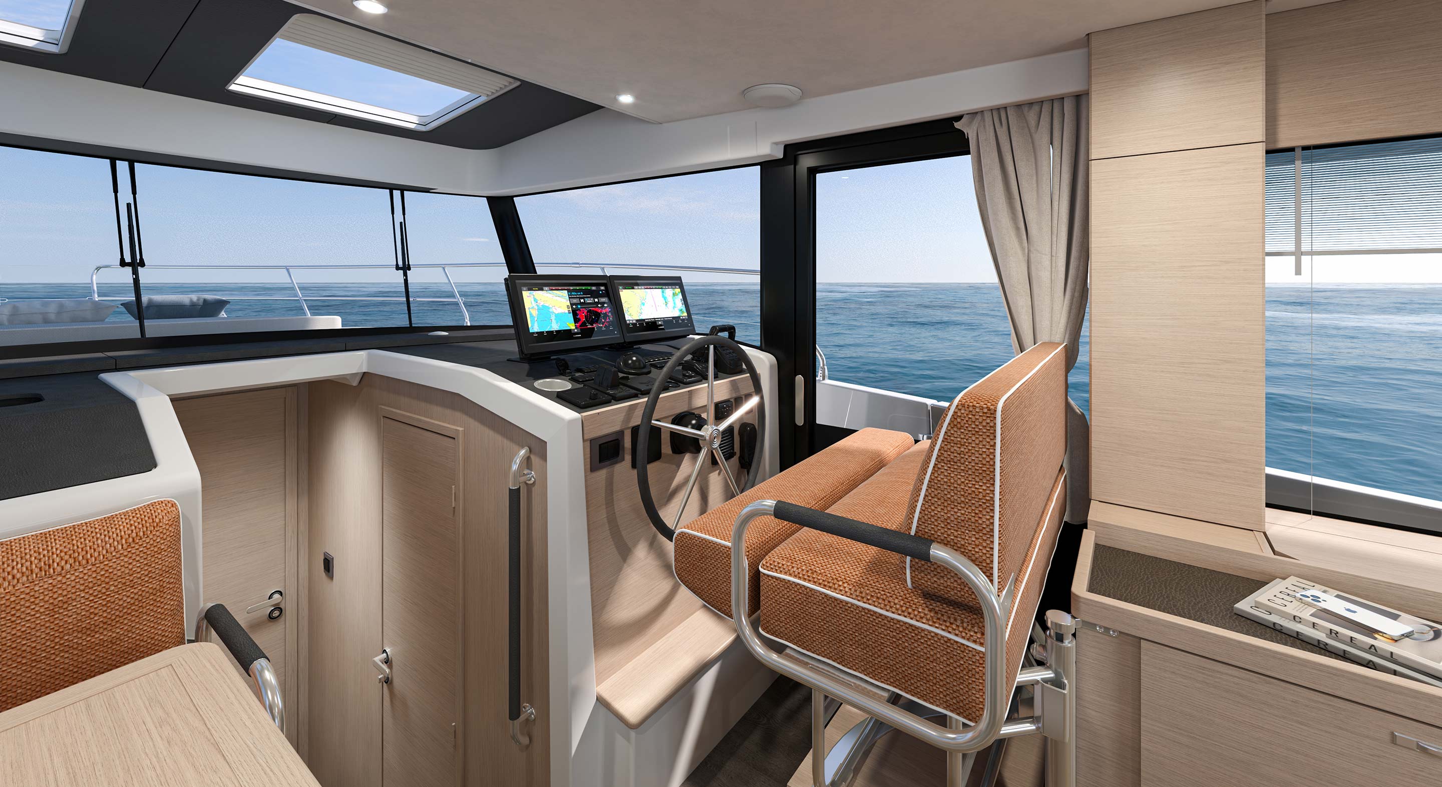 The interior helm station with its chair and navigation displays